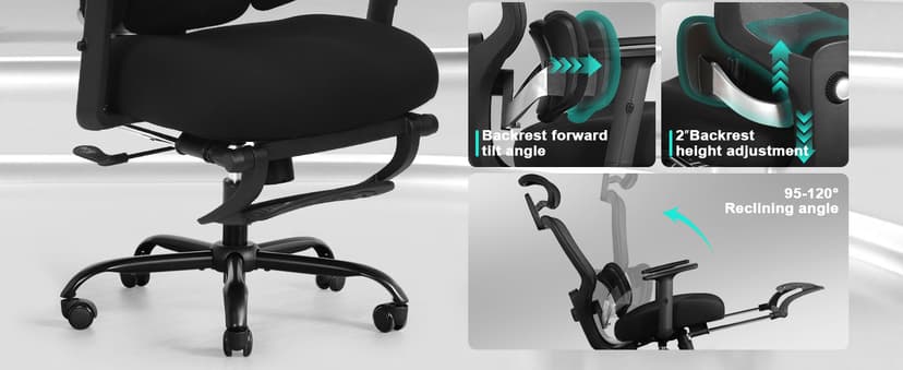 Ergonomic Office Chair with Footrest, Mesh Desk Chair with Adjustable Headrest & Armrests & Dynamic Floating Wing Lumbar Support, High Back Computer Chair for Home Office, BIFMA Certified, Black