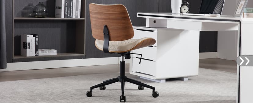 Home Office Chair No Arms with Wheels, Adjustable Height Small Desk Chair, PU Leather Mid Back 360 Swivel Computer Chair, Armless Modern Walnut Chair for Office, Reading Meeting Room(Beige)