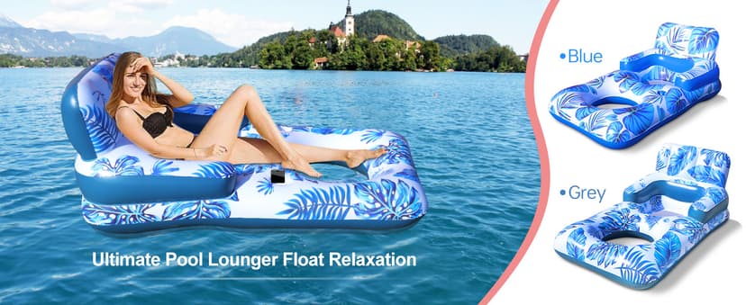 Pool Floats Adult, Pool Floaties with Cup Holder and Phone Holder, Pool Lounger Float with Headrest, Backrest and Footrest, 65" Thicken PVC Inflatable Pool Float for Adult Pool Party Beach Cool