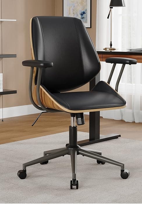Mid Century Modern Office Chair, Fixed Back Rolling Desk Chair with Armrests and Walnut Back, Adjustable Height for Home Office, Beige