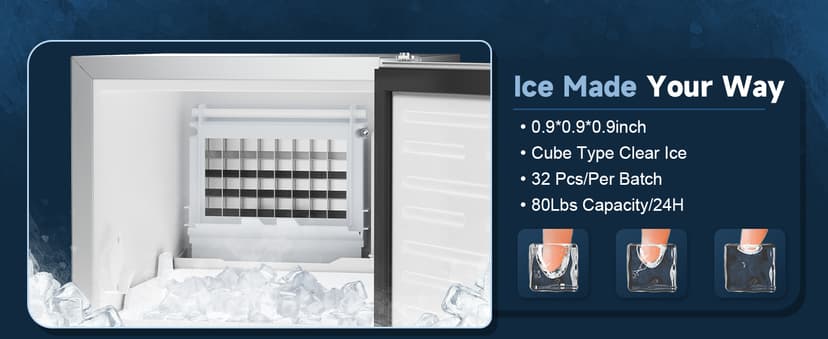 Coolski Under Counter Ice Maker Machine, Stainless Steel Built-in Freestanding Ice Maker for Commercial & Home Use, 80 Lbs/Day, 30 Lbs Storage, Self Cleaning, Thicknesses Adjustable