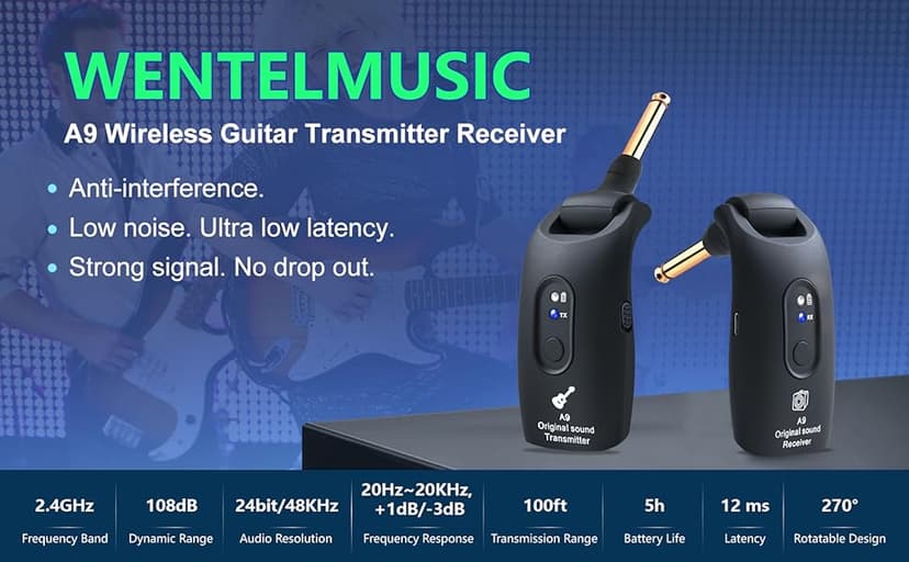 A9 Wireless Guitar System - 2.4GHz Guitar Accessories Transmitter Receiver, 24-bit 48KHz Audio, 100ft Range, No Latency, 4-Hour Rechargeable Battery, for Electric Bass (Black(1TX+1RX))