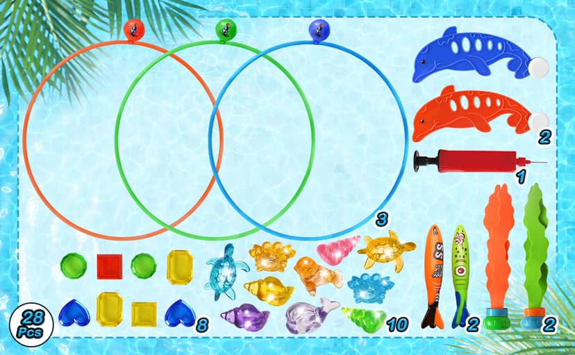 Jasonwell Pool Toys Diving Rings - 28PCS Swim Thru Rings Pool Game Diving Toys with Dive Ring Underwater Treasures Torpedo Bandits Fish Toy Fun Water Swimming Toy for Boys Girls Kids Teens Adults