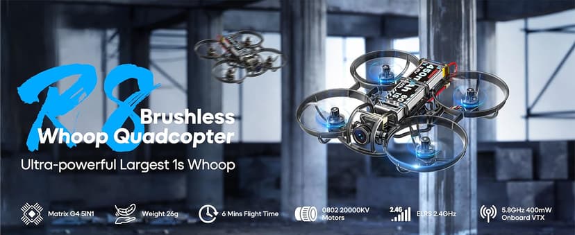 R8 ELRS Brushless Whoop Quadcopter, Ultralight 1S 80mm Micro FPV Drone BNF with 6 Port Battery Charger,2 Batteries Fly12 Mins for FPV Freestyle Racing Indoor Outdoor,FOV160°,Matrix G4 5IN1 FC,0802 20000KV Motor