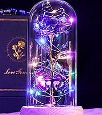 Beferr Gifts for Women Mom Galaxy Rose Glass Crystal Flowers with Heart-Shaped Base Eternal Roses Forever Flowers Mother's Birthday Gifts for Grandma Daughters Wife Sister Kids