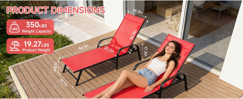 NEWBULIG Outdoor Lounge Chair for Pool, Chaise Lounge Chairs with 5-Position Recliner,350 lbs Heavy Duty Patio Pool Chair, Outdoor Sun Chairs with Metal Frame for Backyard, Classic Red