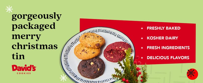 David's Cookies Merry Christmas Mini Cookies in Sweet Sampler Tin - Assorted Mini Christmas Cookies with Chocolate & White Chocolate Chip and Red Velvet - Gourmet Cookie Gift Basket for Holidays 14oz