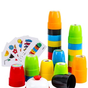 Quick Cups Games for Kids Intellectual Flying Stack Cups,Stacking Cups Games Parent-Child Interactive Game with 24 Picture Cards, 30 Cups