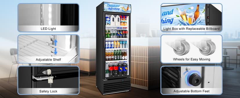 Commercial Beverage Refrigerator, 24 Inch Beverage Fridge, 15 Cu. Ft. Drink Fridge, Display Refrigerator Glass Door, Commercial Display Fridge with Customizable Light Box for Shops, Restaurants, Bars