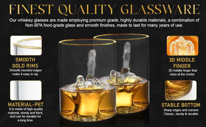 Middle Finger Funny Whiskey Glass – Premium Up Yours Funny Glass for Whiskey, Liquor – Luxurious Gold Rim – Home Bar Accessories Ideal for Man Cave, Fun Gag Gift Patent-Pending
