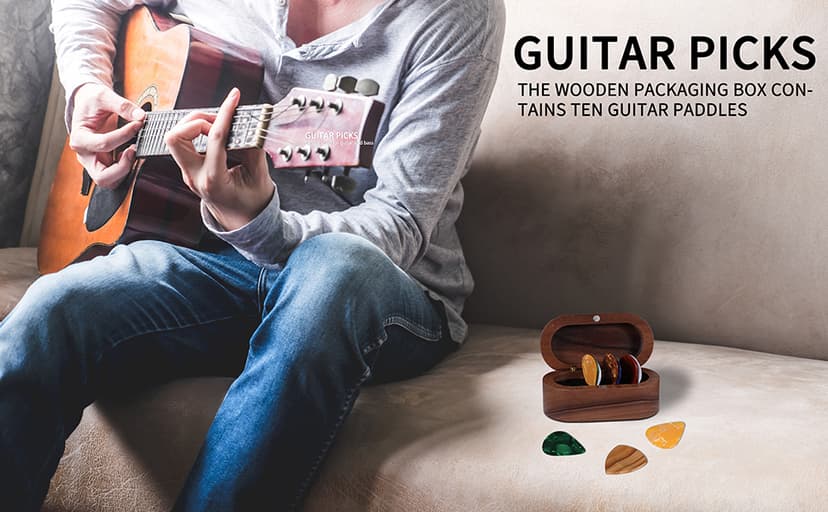Walnut Guitar Plectrum Holder Set with 2 Color Wood Plectrums and 8 Celluloid Plectrums (4 Thicknesses),Mini Jewelry Box,Brown Wooden Trinkets,Box Size 3.35 * 1.77 * 1.57 inch (Wood color)