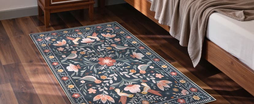 Anidaroel 48"x60" Office Chair Mat for Hardwood Floor/Tile, Black Floor Mat for Office Chairs, Anti-Slip Floral Under Desk Rug for Rolling Chairs, Bird Bug Low Pile Desk Chair Mats for Hardwood