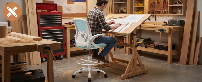 Primy Drafting Chair Tall Office Chair with Flip-up Armrests Executive Ergonomic Computer Standing Desk Chair with Lumbar Support and Adjustable Footrest Ring(Light Blue)