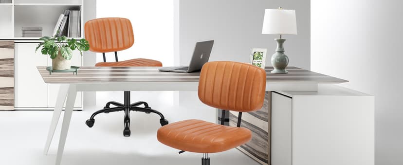 Sweetcrispy Small Office Desk Chair - Armless PU Leather with Comfy Lumbar Support, Height Adjustable Rolling Swivel Task for No Arms, for Adult, Student, Bedroom, Home, Vanity, Brown