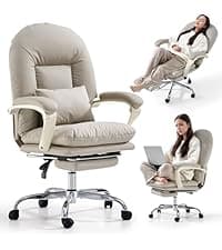 EMIAH Ergonomic Office Chair with Foot Rest Criss Cross Chair with Wheels Reclining Executive Office Chair Mid Back PU Leather Swivel Computer Chairs Lumbar Support for Home Office (Beige)