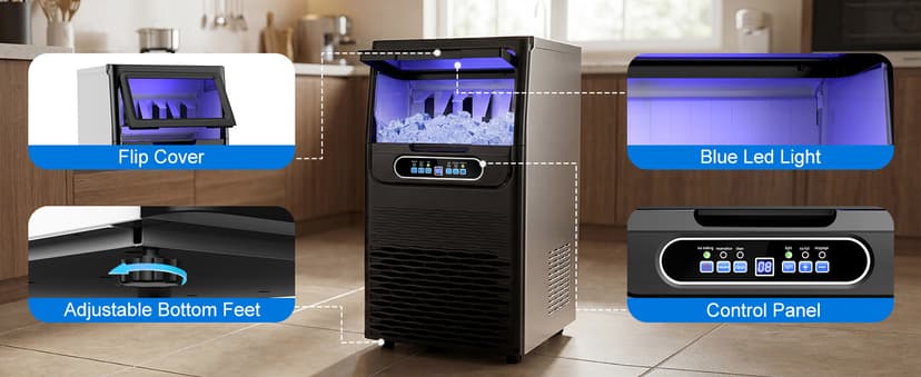 Nugget Ice Maker Machine Commercial, 80lbs/24h Undercounter Sonic Ice Machine with 20lbs Storage Bin & Dual Water Inlet, Chewable Pellet Ice for Restaurant Bar Home, Stainless Steel
