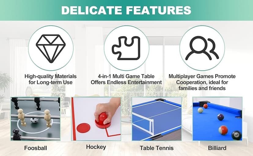 RAYKEEP Foldable Multi Game Table, 4-in-1 Combo Game Table Set with Ping Pong, Hockey, Pool Billiards and Foosball for Adults, Home, Game Room, Friends & Family