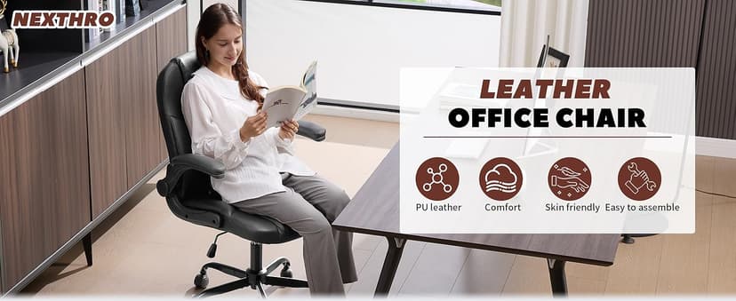 Executive Office Chair PU,Leather Office Chair with Wheels,360° Swivel Rolling Chair with Padded Arms,Ergonomic Computer Chair with Lumbar Support for Short People Use(Black)