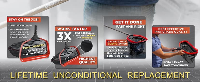 ProTuff 19" Fine Pool Net for PROS – “490 Promise” Unlimited Unconditional Replacement – Cleans 3X Faster Than Vacuum – Wide Pool Skimmer Net with Deep Bag for Easy Maintenance of Leaves, Bugs, Debris