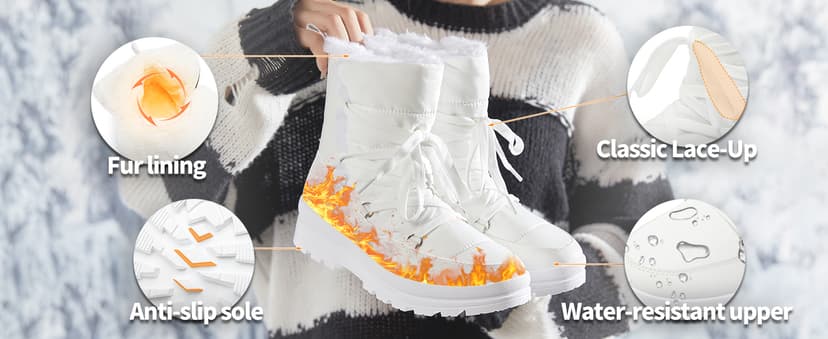 Rominz Women's Winter Snow Boots - Waterproof Black Fur Lined Warm Mid Calf Non-Slip Ankle Boots - White Lace-Up Platform