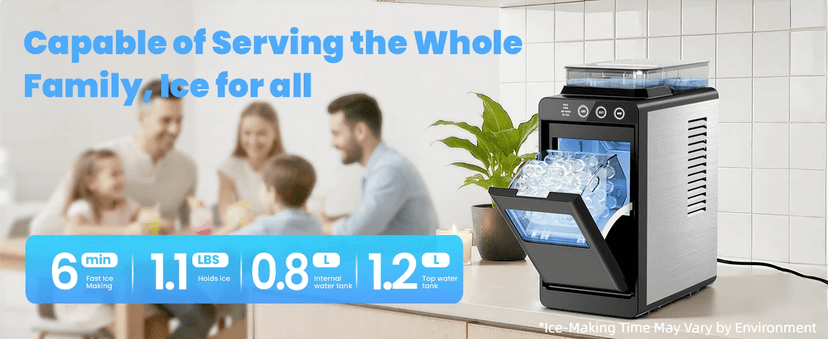 Kismile Countertop Ice Maker, Portable Ice Maker Machine 26lbs/24H, Dual Water Tank Design, Small & Large Bullet Ice, Self-Cleaning, Internal Lighting for Home Kitchen, Office & RV