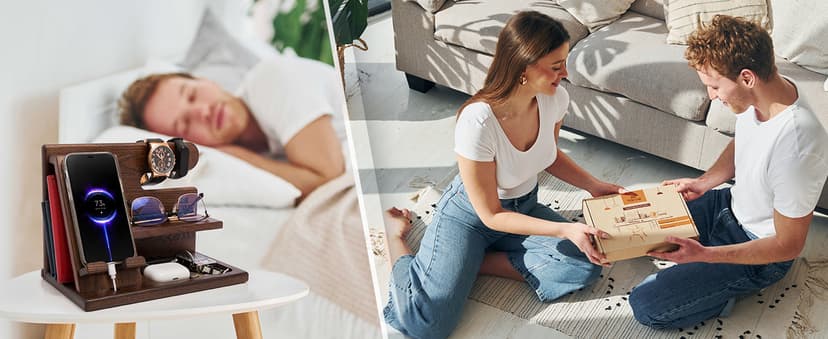 TESLYAR Wood Phone Docking Station for Men - Desktop or Nightstand Organizer - Birthday Gifts for Men, Dad - Anniversary Idea from Wife - Key Holder, Stand Wallet, Watch & Essentials (Bourbon Brown)