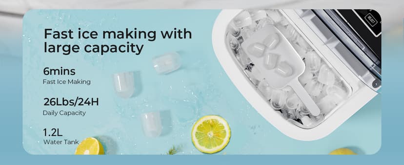 Kismile Ice Maker Countertop with 8 Bullet Ice in 6 Mins, Compact Countertop Design, Portable and Simple One-Touch Operation Efficient for Home/Office Use(Grey)