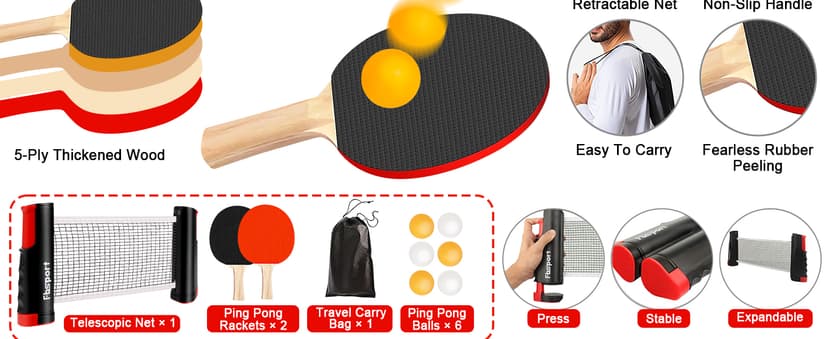 FBSPORT Ping Pong Paddle Set, Portable Table Tennis Set with Retractable Net,Rackets,Balls and Carry Bag for Indoor/Outdoor Games