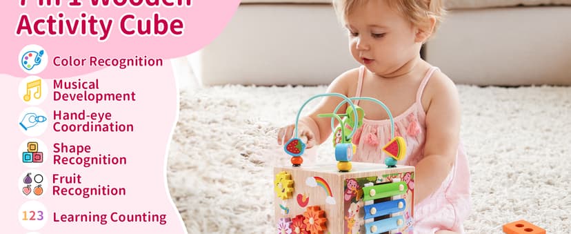 Wooden Activity Cube | Montessori Toys for 1 2 3 Year Old Toddlers | One Year Old 1st First Birthday Gift | Educational Toys for 12+ Months Baby Boys Girls | Bonus Sorting & Stacking Game (Pink)