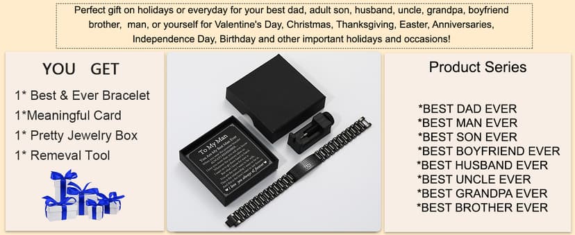 P. BLAKE Gifts for Best Ever Dad Husband Boyfriend Son Uncle, Stainless Steel American Flag Watch Band Link Bracelet Christmas Stocking Stuffers Jewelry Gifts for Men Him