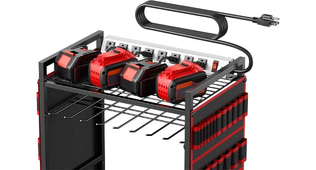 Floor Standing, Large Garage Rolling Storage Cart on Wheels, Heavy Duty Drill Battery Storage Rack, with 8 Outlet Power Strip JUNNUJ Power Tool Organizer Cart with Charging Station, 6 FT Cord, Red B0D1QVKWGH