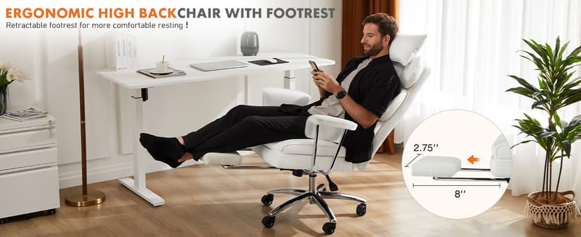 Sweetcrispy Executive Home Office Desk Chair - Ergonomic Big Tall High Back with Footrest & Lumbar Support, Reclining Height Adjustable, Comfy PU Leather Computer Gaming with Swivel Wheels, White