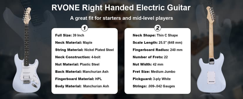 RVONE RST-150 39”Beginner Electric Guitar Kit with Amplifier, Classic HSS Pickup, Electric Guitar with Gig Bag, Capo, Strap, Extra Strings, Digital Tuner, 3 Picks, Cleaning Cloths (1-Blue)