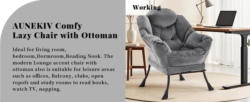Lazy Chair with Ottoman, Comfy Accent Lounge Chair with Side Pocket, Modern Reading Armchair with Footrest, Upholstered Sofa Chair for Small Spaces, Bedroom, Living Room, Dorm, Darkgrey