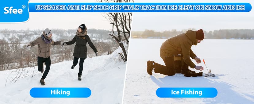 Sfee Crampons Ice Cleats for Shoes and Boots, 28 Steel Shoe Spikes Ultra-Grip Ice Cleats for Men Women Non-Slip Snow Traction Ice Grippers for Shoes and Boots for Walking, Hiking, Climbing, Fishing