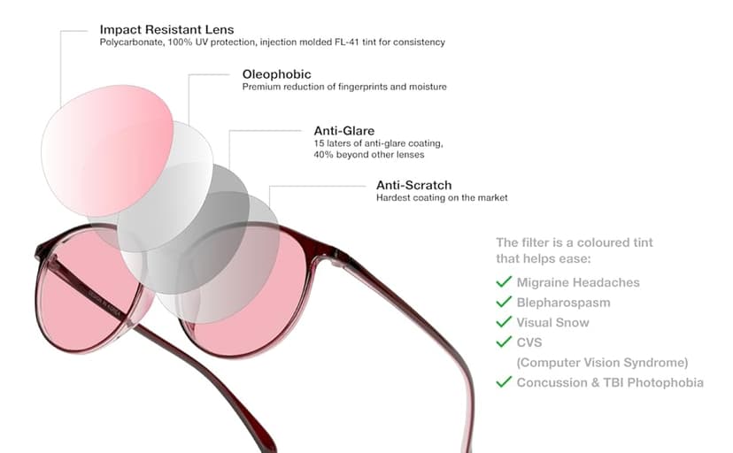 BRADDELL Indoor FL-41 Rose & Outdoor FL-60 Brown Tinted Migraine Light Sensitivity Glasses for Fluorescent LED Glare, Photophobia and Concussion (MEDIUM)