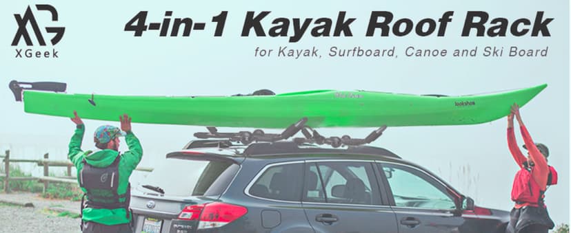 XGeek Kayak Roof Rack 4-in-1 Set of 2 for Kayak, Surfboard, Canoe and Ski Board Rooftop Mount Carrier Folding Adjustable Bilateral J-Style Rack on SUV, Car and Truck
