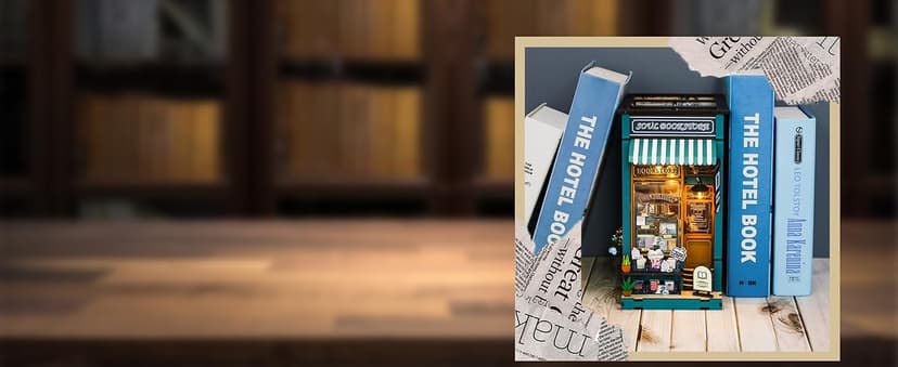 DIY Book Nook Kit with Music Box, Wooden 3D Puzzle Dollhouse with LED, Miniature House Kit Bookends for Adult and Teen, Bookshelf Decor, Creative Gift for Friends and Family. Soul Bookstore