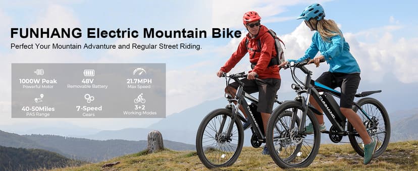 Electric Bike for Adults, 1000W Peak Ebike, 50Miles 21.7MPH Electric Mountain Bike, 26" Adult Electric Bicycle with 48V Removable Battery, Fenders,7 Speed, Front Suspension, UL 2849 Certified
