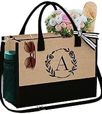 YOOLIFE Personalized Gifts for Women - Initial Jute Tote Bag & Makeup Bag, Birthday Gifts for Women Mom Wife Teacher Friend