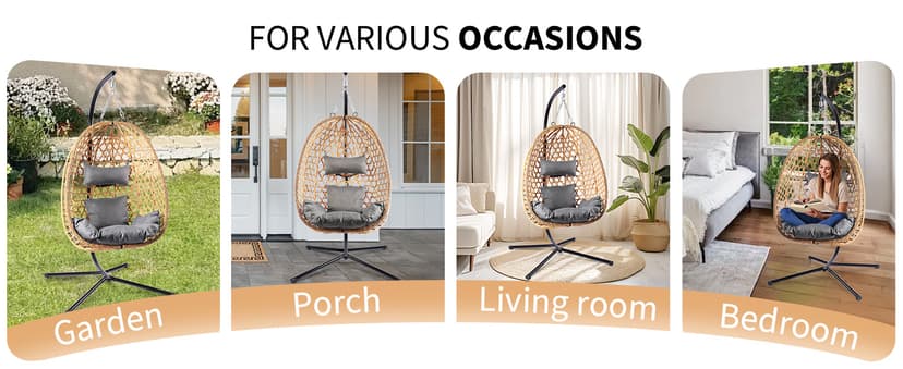 LEX CRAFT Egg Chair with Stand, Patio Wicker Hanging Chair, Hammock Swing Chair, 350LBS Capacity for Bedroom, Balcony, Garden (YE-GR)