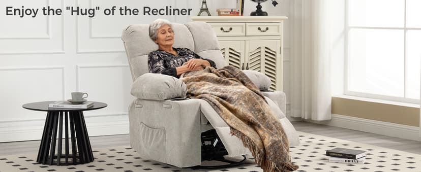 Quiet Massage Recliner Chair with Heat, 360 Swivel Rocker Glider for Nursing, Back Pain Relief, Manual Overstuffed Single Sofa with Cup Holders & Side Pockets, Oatmeal Gray