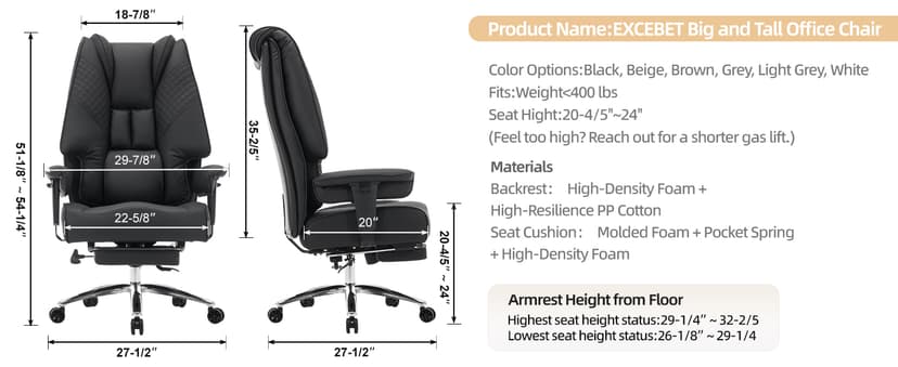 EXCEBET Big and Tall Office Chair 400lbs Wide Seat, Leather High Back Executive Office Chair with Foot Rest, Ergonomic Chairs Lumbar Support for Lower Back Pain Relief (Grey)
