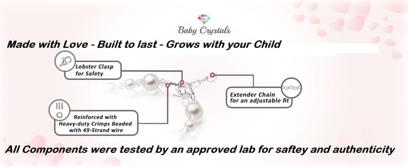 Baby Crystals Pearl Bracelets for Girls, Sterling Silver Cross Charm, Baptism Gifts for Girl, Baby Bracelet with Simulated White Pearls and Crystals, Girls Jewelry Birthday Gift