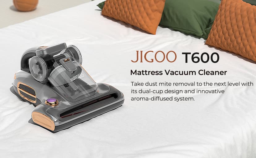 JIGOO T600 Bed Vacuum Cleaner with UV-C Light, 15Kpa Suction 700W Powerful Double Cup Handheld Vacuums, Mattress Vacuum Cleaner with Smart Dust Sensor, Ultrasonic & Heating Tech, HEPA Filter - Corded