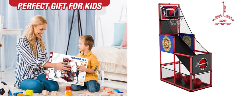 HYES Basketball Arcade Game Indoor Outdoor, Kids Basketball Hoop with 4 Balls & Pump, Single Shot Basketball Game at Home, Carnival Games Sport Toys for Boys Girls Teens