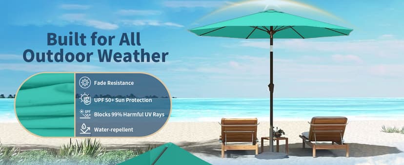 9FT Patio Umbrella with Fiberglass Ribs, Outdoor Market Table Umbrella with Crank and Tilt, UV Resistant Waterproof Canopy for Patio, Garden, Deck, Pool, Turquoise Blue