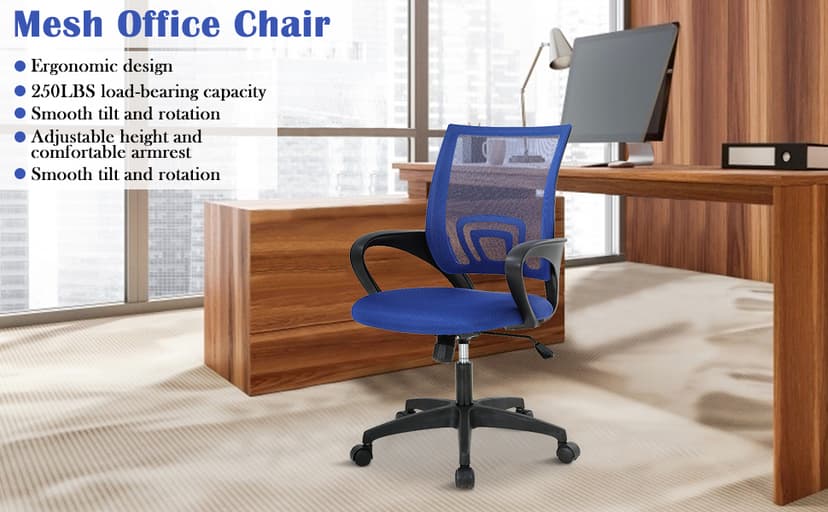 Home Office Chair Desk Chair Computer Chair with Lumbar Support& Armrest, Adjustable Ergonomic Mid Back Task Chair Mesh Rolling Swivel Office Desk Chairs for Bedrooms, Blue