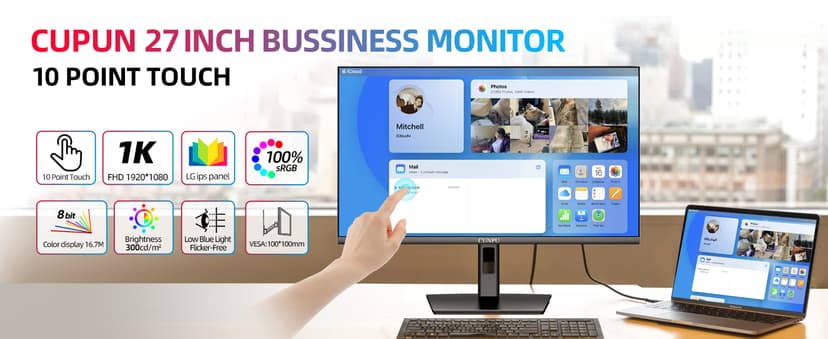 CUNPU 27 Inch Touchscreen Monitor, 10 Point Touch, FHD 1080P 60Hz Nano IPS Screen, 100% SRGB, VESA Wall Mountable, Tilt Adjustment, VGA HDMI for PC, Laptop Business & Work Station