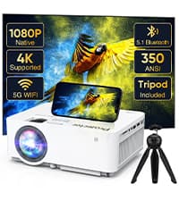 Projector with Two-way Bluetooth, Mini Projector with Projector Screen, Full HD 1080P Portable Video Projector, Home Movie Projector Compatible with HDMI/USB/Smartphone
